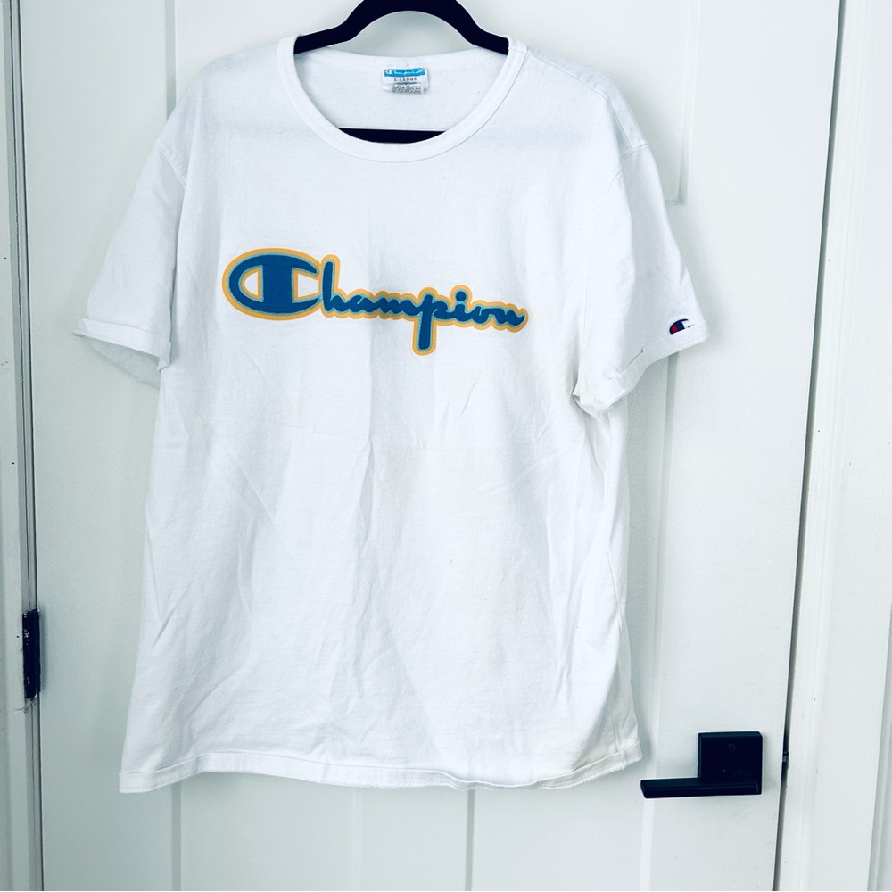Champion Heritage White Logo Tee with embroidered blue and yellow logo  XL